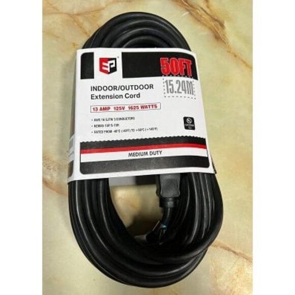 New 50 Ft Outdoor Extension Cord - 16/3 SJTW Black Electrical Cable - Picture 1 of 3